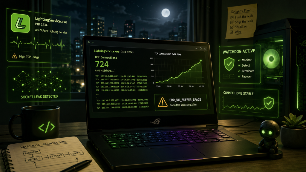 A nighttime laptop showing LightingService.exe with rapidly increasing TCP connections and an ERR_NO_BUFFER_SPACE warning, surrounded by monitoring dashboards representing a socket leak and an active watchdog recovery system.
