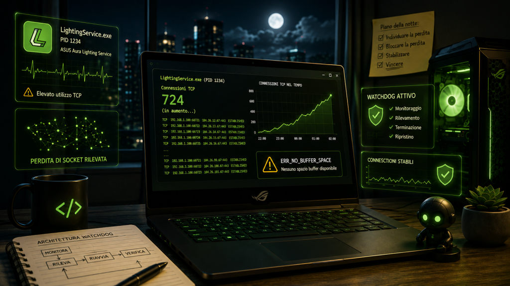 Un laptop di notte mostra LightingService.exe con un numero crescente di connessioni TCP e un avviso ERR_NO_BUFFER_SPACE, circondato da dashboard di monitoraggio che rappresentano una perdita di socket e un sistema watchdog attivo per il ripristino.