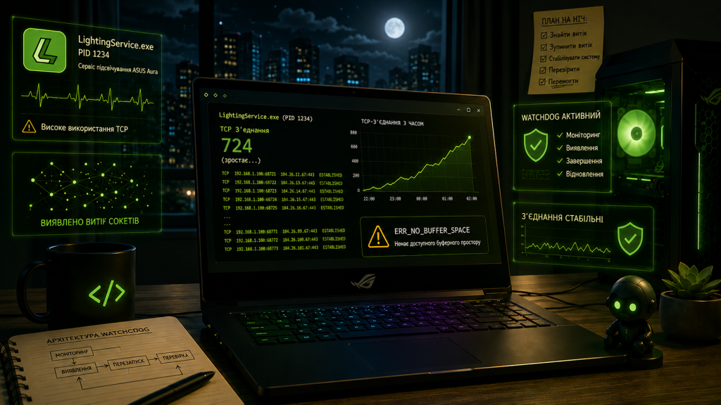 Ноутбук у нічній обстановці показує LightingService.exe зі стрімким зростанням TCP-з’єднань та помилкою ERR_NO_BUFFER_SPACE, оточений панелями моніторингу, що демонструють витік сокетів і активну систему watchdog для відновлення.